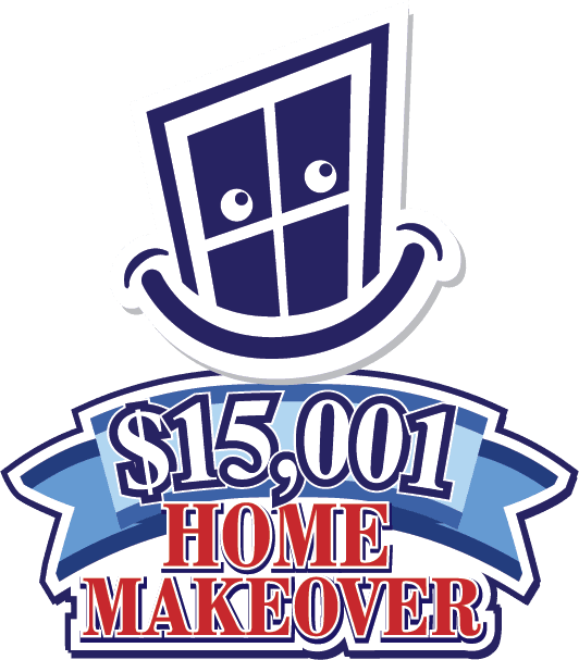 $15,001 Home Makeover logo featuring a stylized window above a blue banner with text