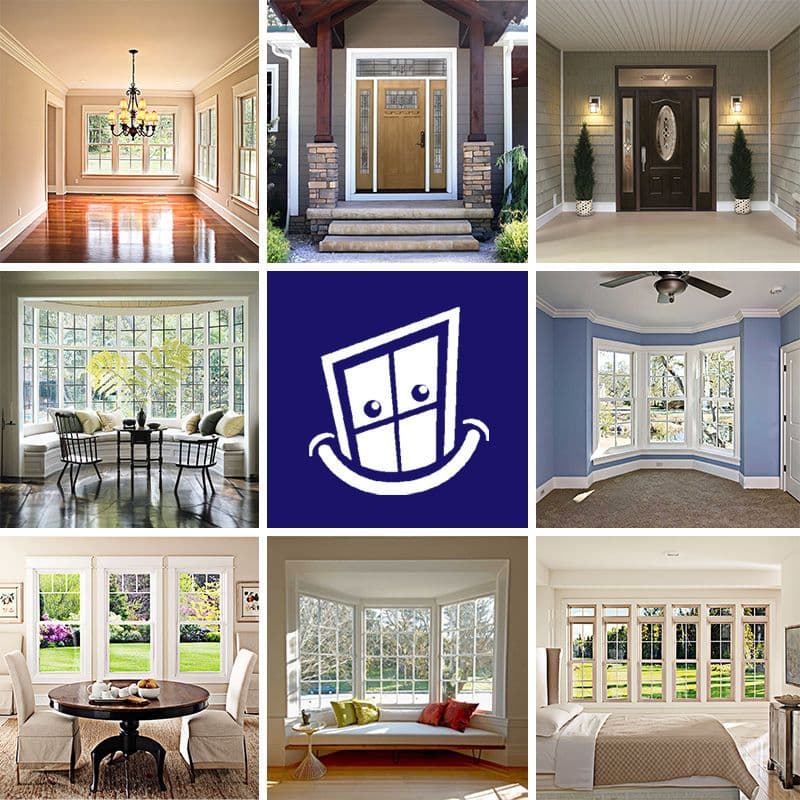 Collage of nine home interior and exterior photos showcasing doors, windows, and entryways in various architectural styles
