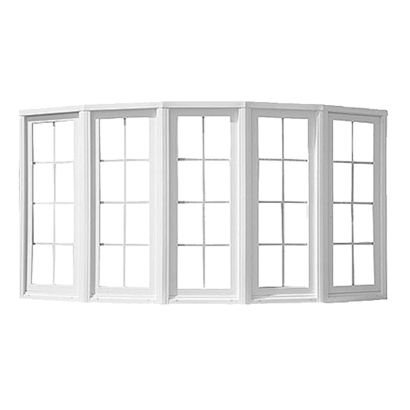 Five-panel white vinyl folding patio doors with 12-pane windows per panel
