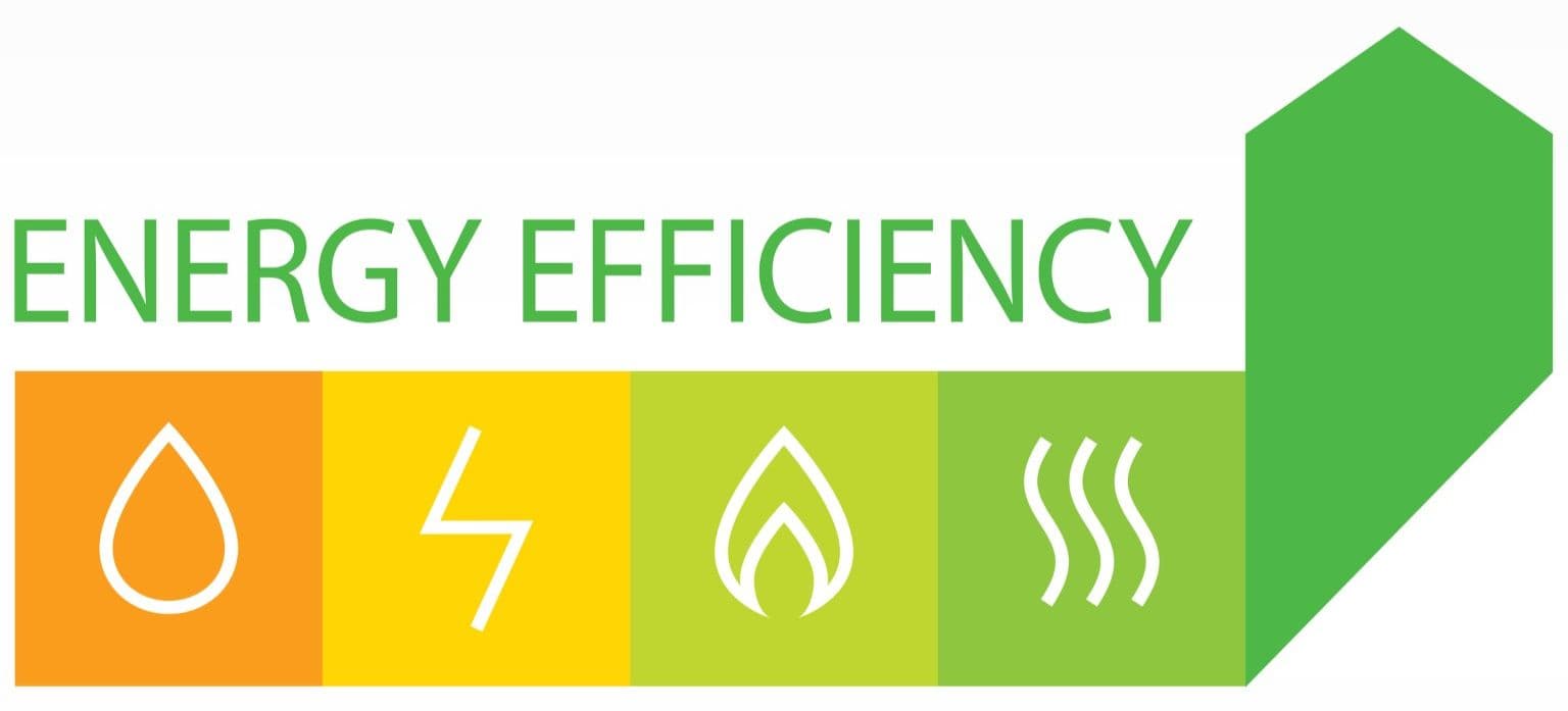 Energy efficiency icons showing water drop, lightning bolt, flame, and heat waves with green house shape
