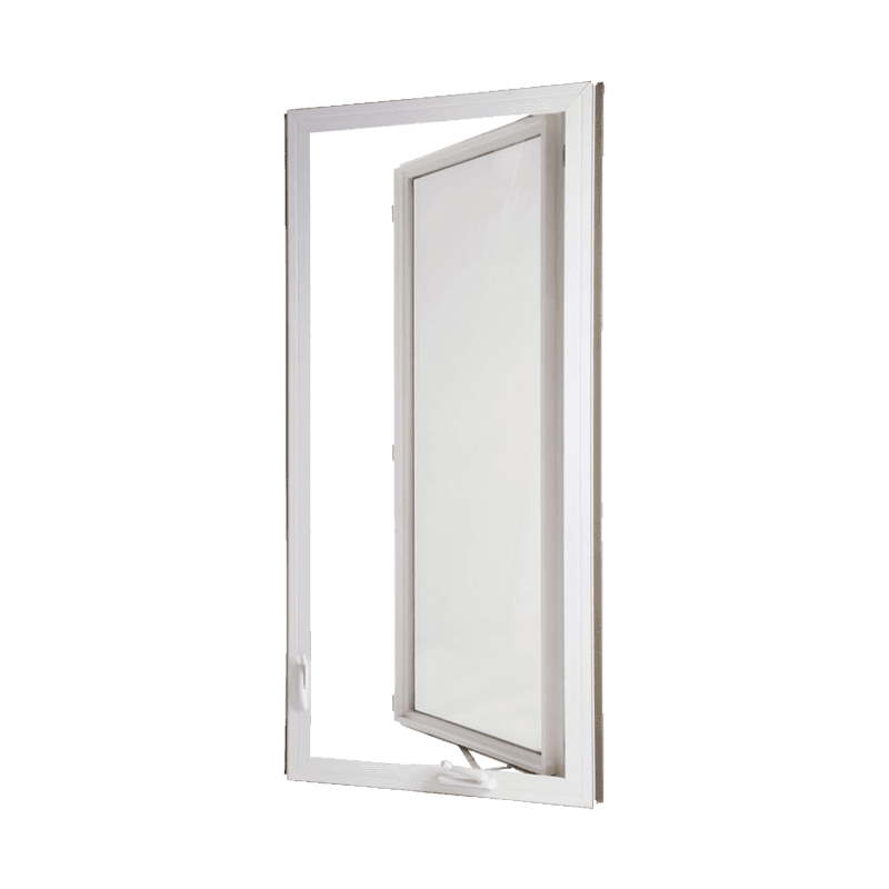 White vinyl awning window with partially open sash against black background