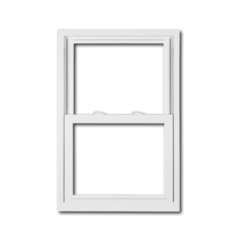 White double-hung window with two rectangular glass panes separated by a horizontal munttin bar
