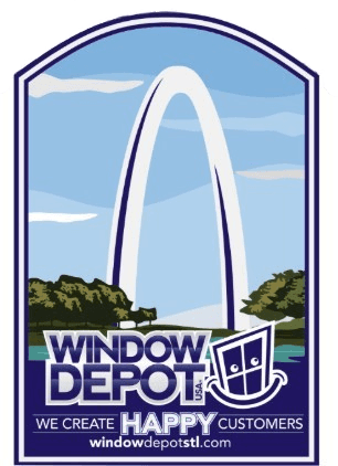 Window Depot logo featuring the Gateway Arch in St. Louis with tagline "We Create Happy Customers" and website windowdepotSTL.com