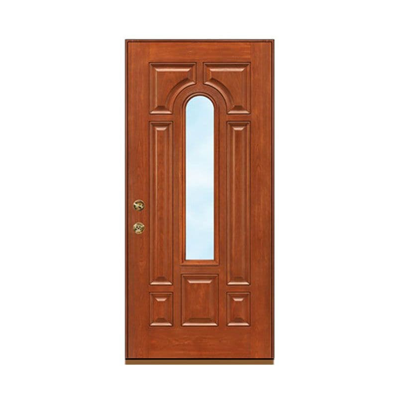 Cherry wood entry door with arched window, decorative raised panels, and brass hardware