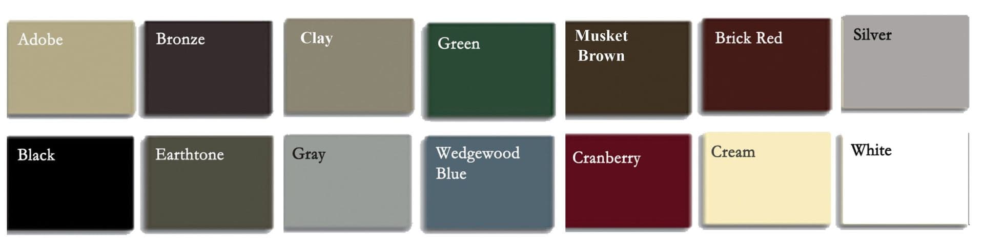 Color palette showing 14 labeled paint or finish swatches: Adobe, Bronze, Clay, Green, Musket Brown, Brick Red, Silver, Black, Earthtone, Gray, Wedgewood Blue, Cranberry, Cream, and White