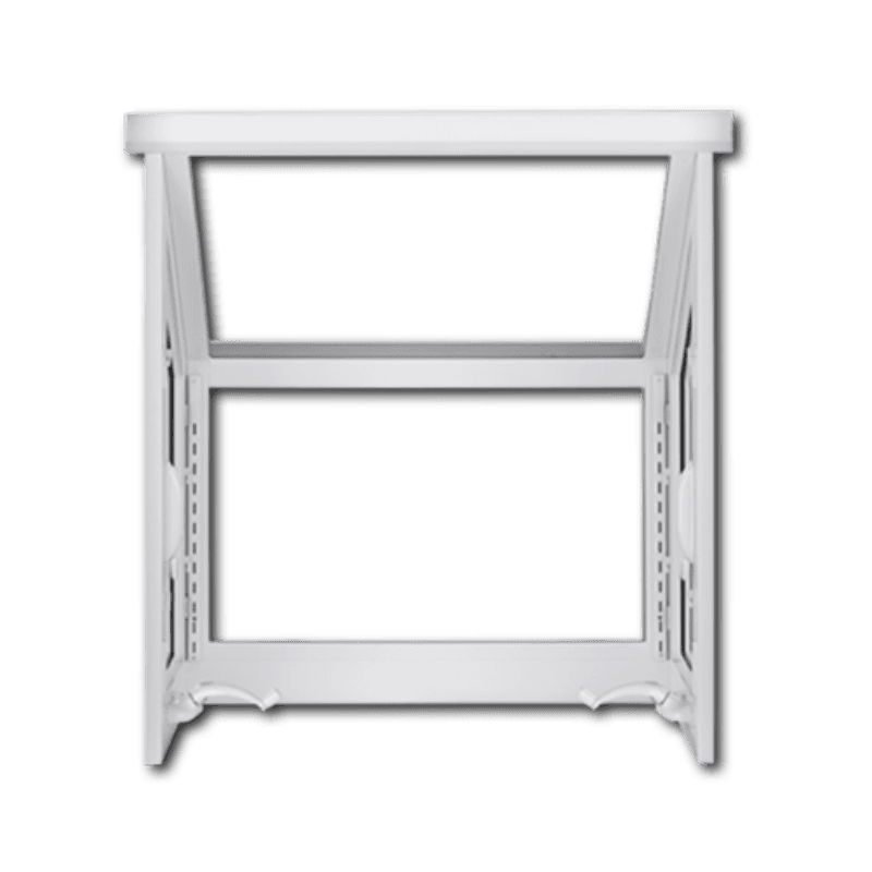 White double-hung window with open sashes, showing frame and hardware against black background