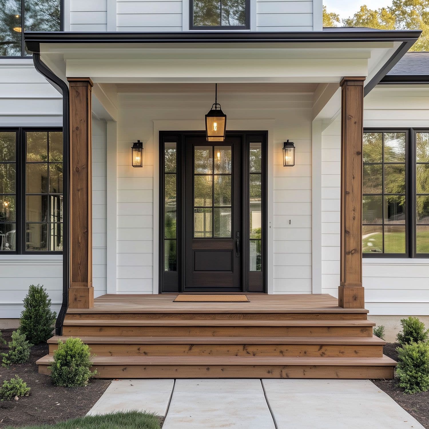 Modern home exterior with covered porch entry, black front door with sidelights, wooden beams and steps, pendant and sconce lighting, white horizontal siding, and black-framed windows flanking the entrance