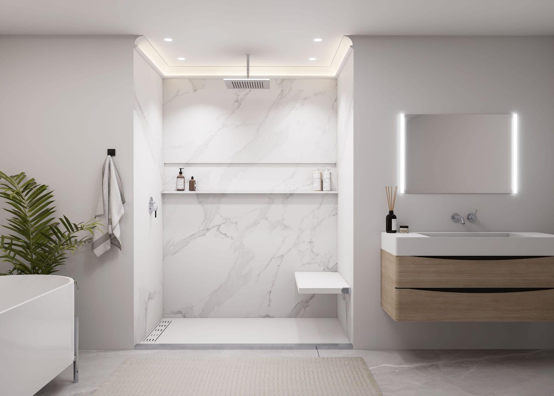 Modern bathroom with walk-in shower featuring marble walls and shelving, floating vanity with wood drawers, illuminated mirror, and potted plant