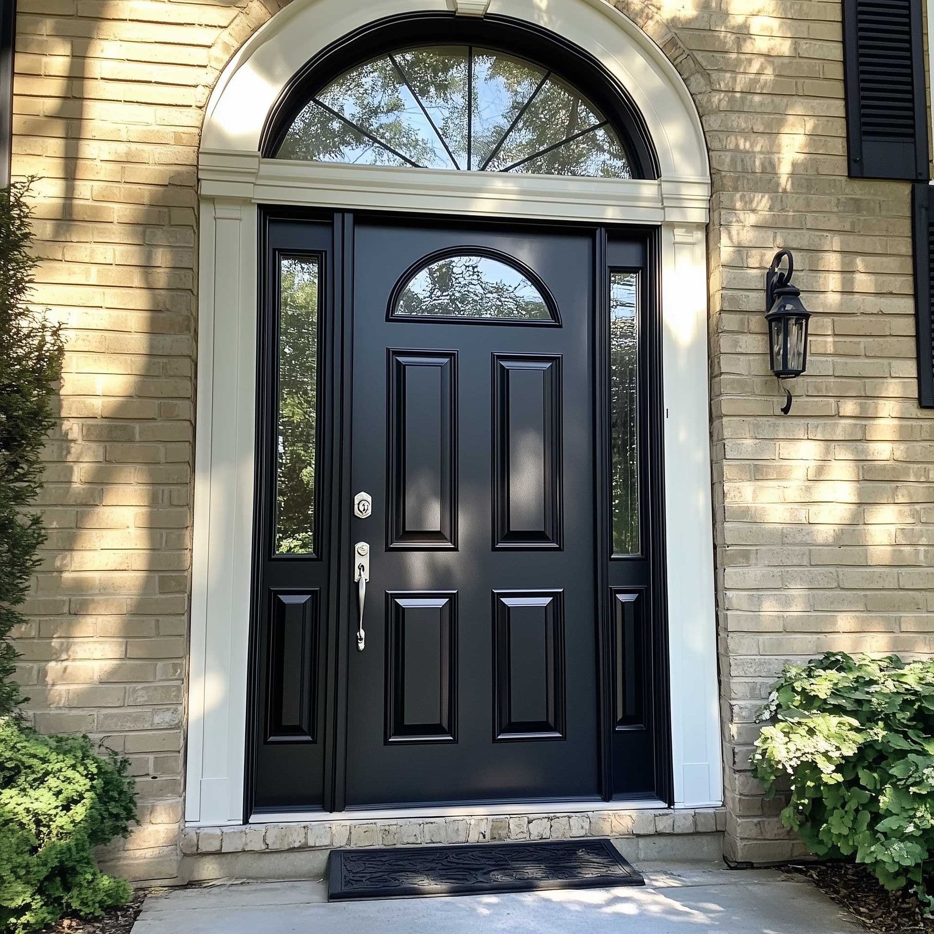 Black front door with fanlight window and sidelights in white trim, flanked by tan brick walls, with metal sconce light fixture and landscaping