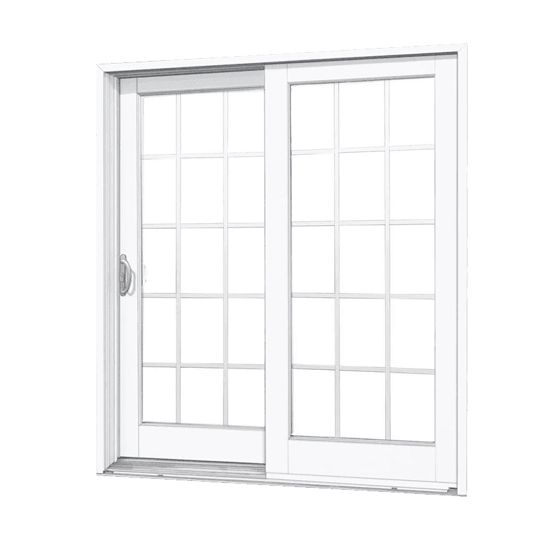 White sliding glass patio door with 15-pane grid pattern on each panel and silver handle