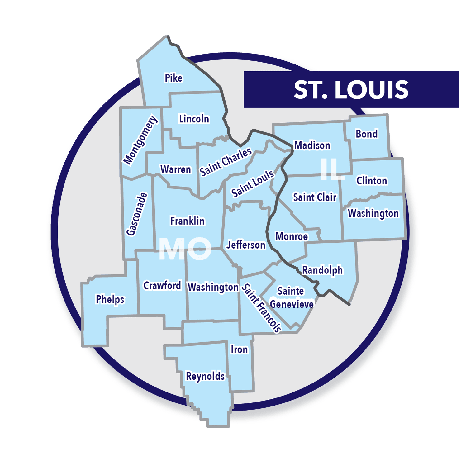 Map of St. Louis metropolitan area showing 24 counties in Missouri and Illinois, including Pike, Lincoln, Saint Charles, Franklin, Jefferson, and others