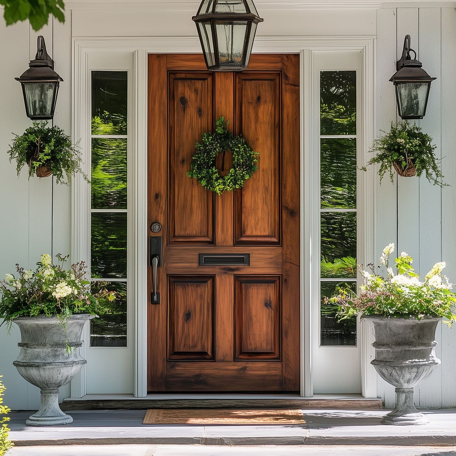 Elegant front entrance with a dark wood door, green wreath, flanking sidelights, symmetrical planters with flowers and trailing ivy, wall-mounted lanterns, and a hanging pendant light above the door