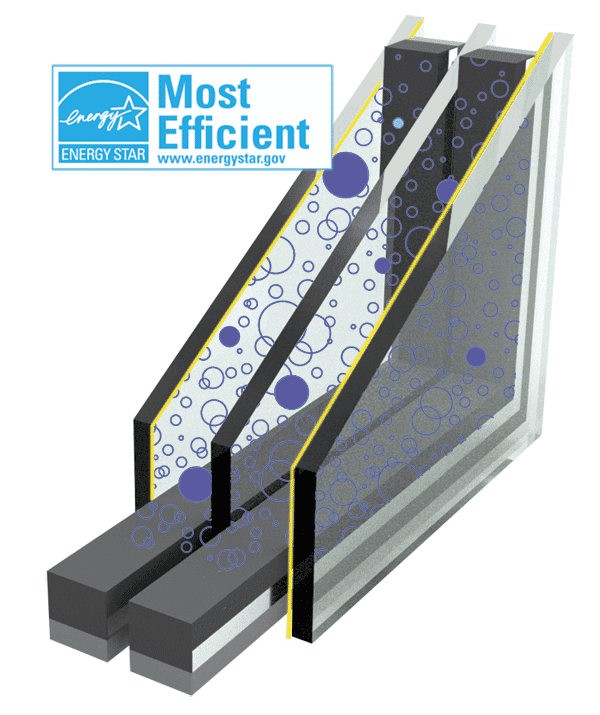 Energy Star Most Efficient window cross-section showing insulated glass panes with air gap and thermal barriers to reduce heat transfer