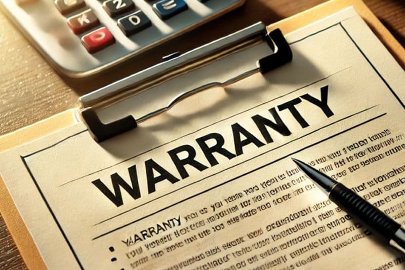 Warranty document on clipboard with pen and calculator on wooden desk