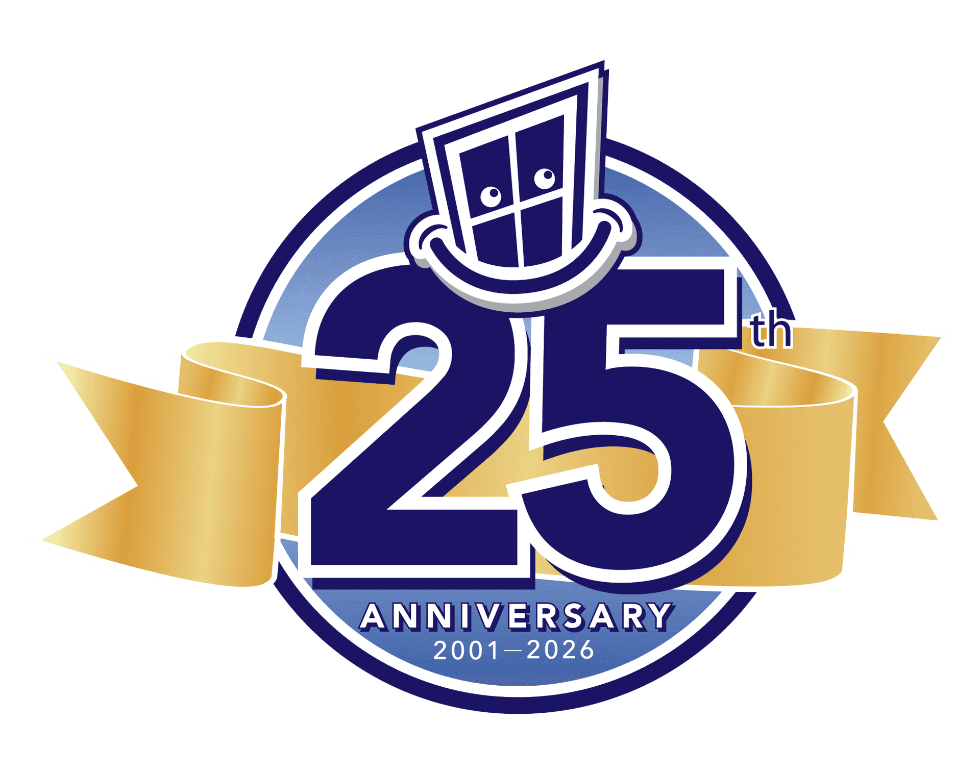 25th Anniversary logo featuring a window illustration and gold ribbon banner, celebrating 2001-2026