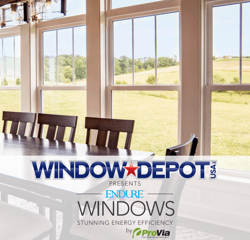 Window Depot USA presents Endure Windows with stunning energy efficiency by ProVia, shown in bright dining room overlooking pastoral landscape