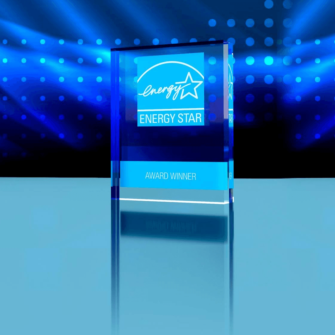 Energy Star Award Winner crystal trophy with glowing blue background and bokeh lighting effects