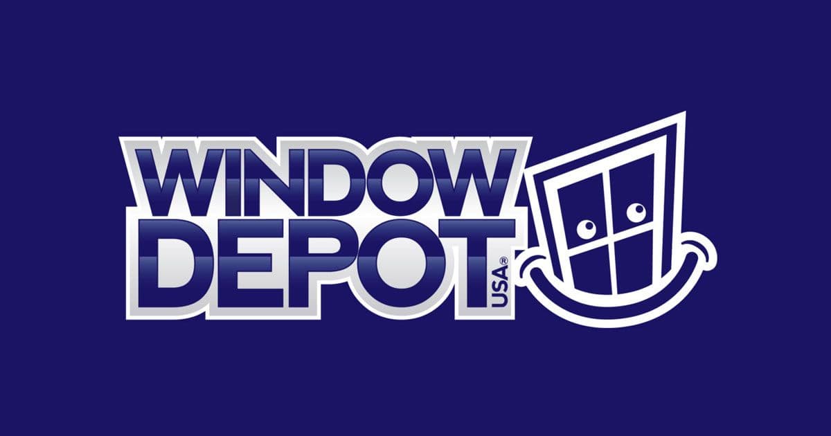 Window Depot USA logo featuring stylized text and a smiling window frame graphic on dark blue background